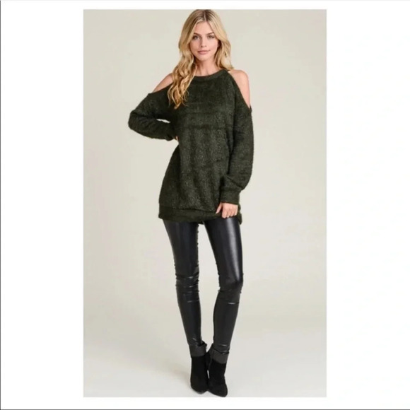 Olive Green Cold Shoulder Sweater | Cozy Fall Knit Pullover Top - Picture 6 of 7